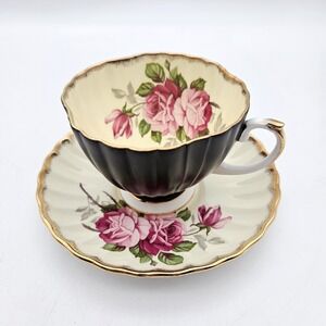 VTG EB Foley Pink Cabbage Rose Gold Trim Black Exterior Teacup and Saucer RARE